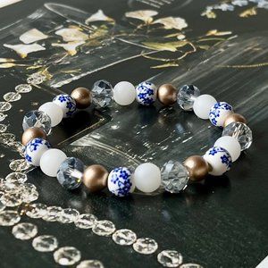 Blue, Gold, White Glass & Ceramic Flower Stretch Bracelet